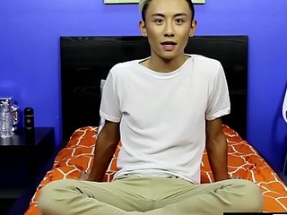 Asian twink strips naked and masturbates after an interview